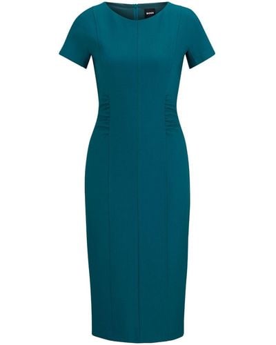 BOSS Short-sleeve Ruched Midi Dress - Blue