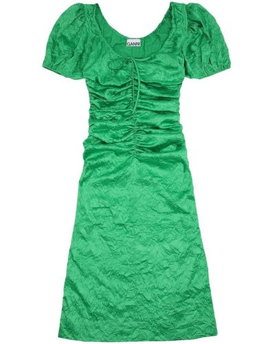 Ganni Crinkled-effect Puff-sleeve Midi Dress - Green