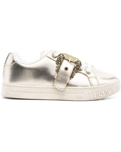 Versace Logo-buckle Leather Sneakers - Natural