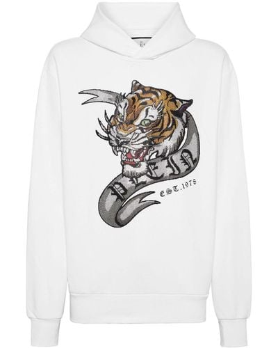 Philipp Plein Crystal-embellished Tiger-print Hoodie - White