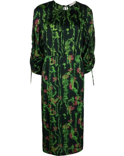 Tela Patterned Long-sleeved Midi Dress - Green