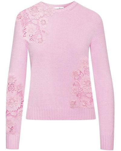 Oscar de la Renta Lace-detail Fine-knit Sweater - Pink