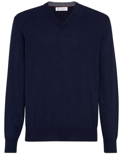 Brunello Cucinelli Cashmere-knit V-neck Sweater - Blue