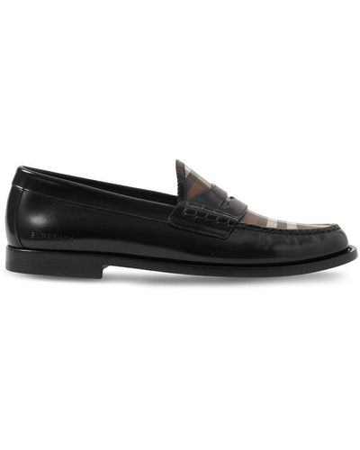 Burberry Checked Panel Leather Loafers - Black
