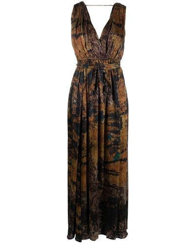Mes Demoiselles Abstract Pattern V-neck Maxi Dress - Brown