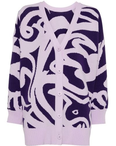 Pleats Please Issey Miyake Intarsia-knit V-neck Cardigan - Purple