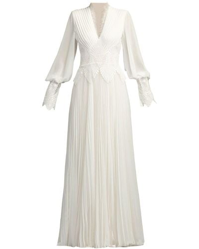 Tadashi Shoji Yates Pleated Chiffon Lace Gown - White