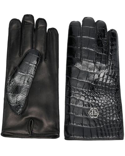 Philipp Plein Crocodile-effect Leather Gloves - Black