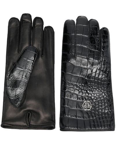 Philipp Plein Handschuhe mit Kroko-Effekt - Schwarz