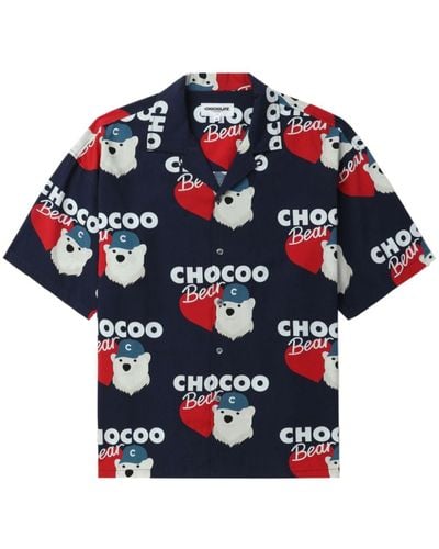 Chocoolate Bear-print Short-sleeve Shirt - Blue