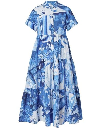 Erdem Tapestry-print Tiered-skirt Midi Dress - Blue