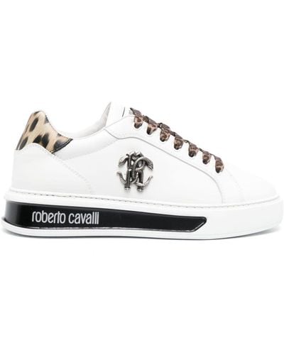 Roberto Cavalli Baskets en cuir à plaque logo - Blanc