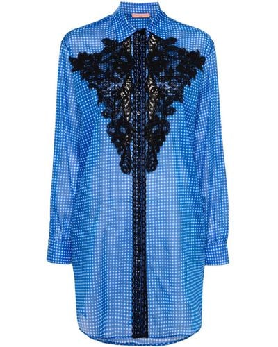 Ermanno Scervino Lace-appliqué Gingham-print Shirt - Blue