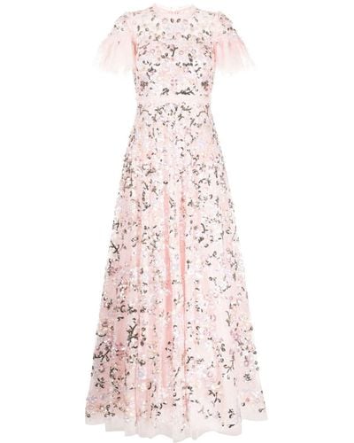 Needle & Thread Floral-embroidered Short-sleeve Gown - Pink