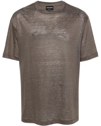 Giorgio Armani Logo-embroidered Linen T-shirt - Grey