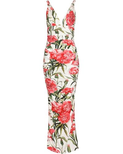Dolce & Gabbana Carnation-print Charmeuse Calf-length Dress - White