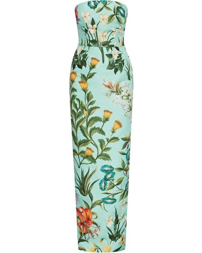 Oscar de la Renta Floral Tapestry Strapless Gown - Green