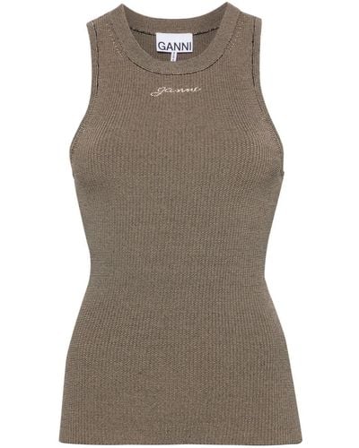 Ganni Logo-embroidered Knitted Tank Top - Brown