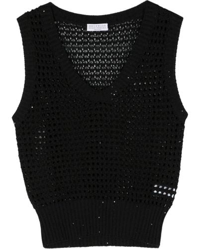 Brunello Cucinelli Sequin-embellished Open-knit Vest - Black