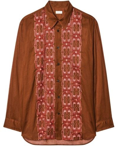 Dries Van Noten Embroidered Button-up Cotton Shirt - Brown