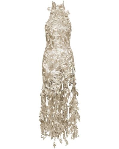 Oscar de la Renta Floral Bead-embellished Halterneck Gown - White