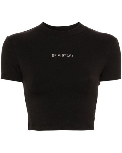 Palm Angels Logo-embroidered Cropped T-shirt - Black