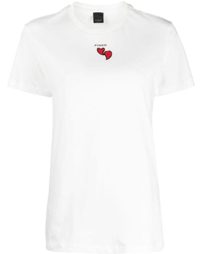 Pinko Logo-print Heart-motif Bead-embellished T-shirt - White