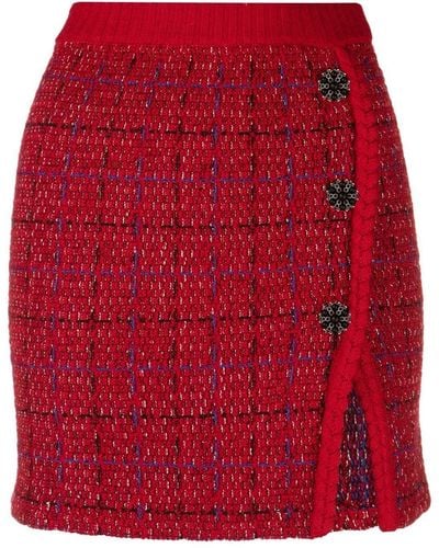Self-Portrait Crystal Button Knitted Skirt - Red