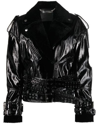 Philipp Plein Shearling-collar Patent-leather Jacket - Black