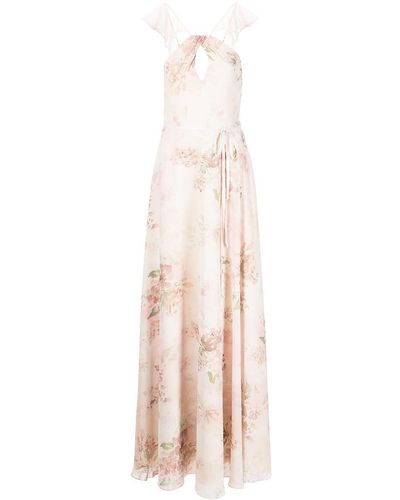 Marchesa Floral Ruffle Halter-neck Gown - Natural
