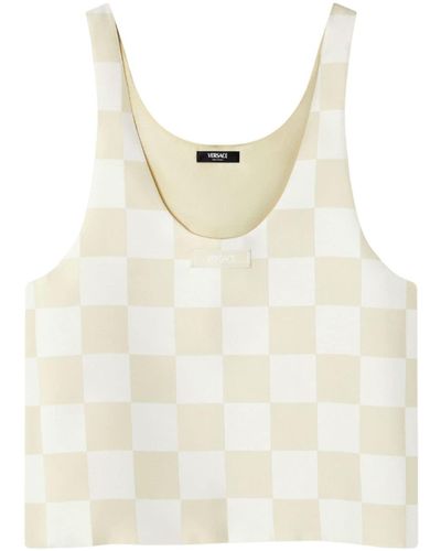 Versace Logo-patch Checkerboard-print Top - Natural