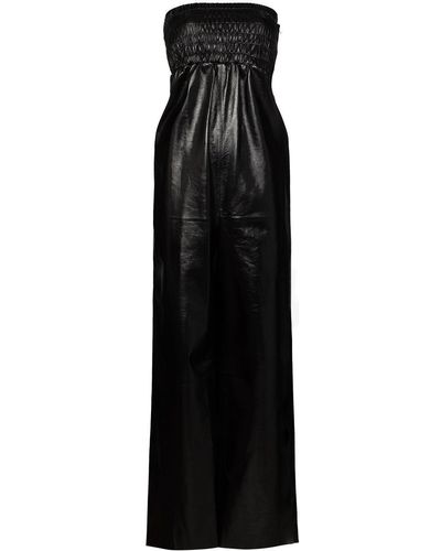 Bottega Veneta Strapless Shirred Crinkled Glossed-leather Jumpsuit - Black