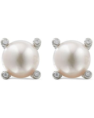 David Yurman Sterling Silver Cable Pearl And Diamond Stud Earrings - White