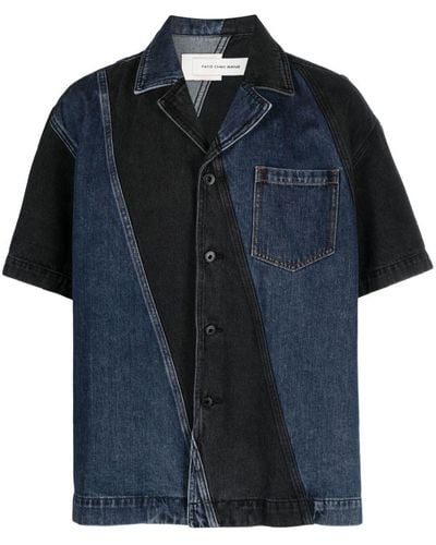 Feng Chen Wang Diagonal-striped Short-sleeved Denim Shirt - Blue