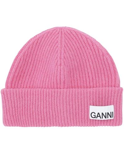 Ganni Logo-patch Ribbed Beanie - Pink