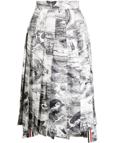 Thom Browne Nautical-print Pleated Skirt - Grey