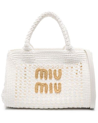 Miu Miu Logo-lettering raffia tote bag - Weiß