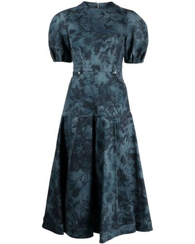 Erdem Floral-print Pleated Denim Dress - Blue