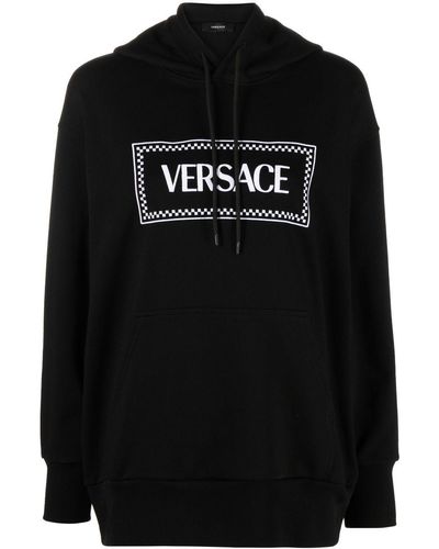 Versace Embroidered Logo Hooded Sweatshirt - Black