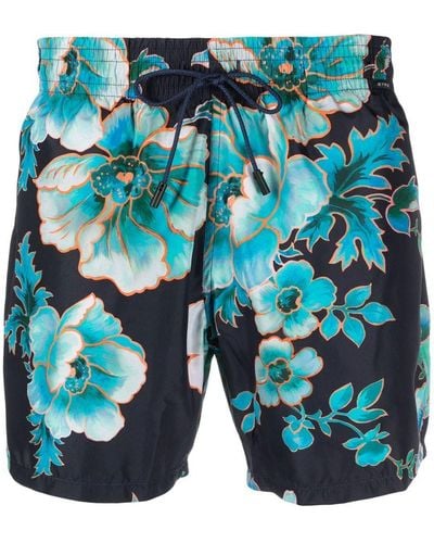 Etro Navy Swim Shorts With Maxi Floral Print - Blue