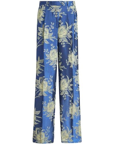 Etro Pantalon ample à fleurs en jacquard - Bleu