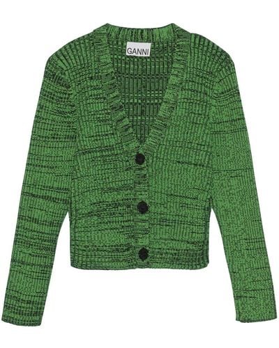 Ganni Cropped Melange Knit Cardigan - Green