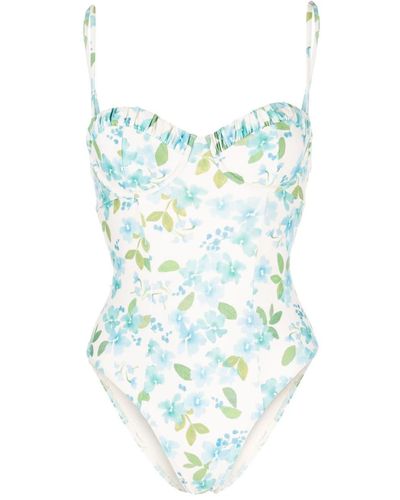 Peony Memories Floral-print Ruched Swimsuit - Blue