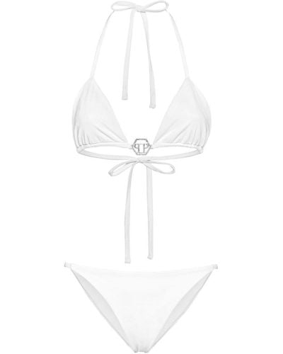 Philipp Plein Triangel-Bikini mit Logo-Schild - Weiß