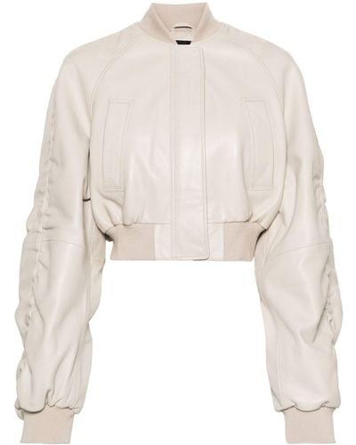 Pinko Cropped Leather Bomber Jacket - Natural