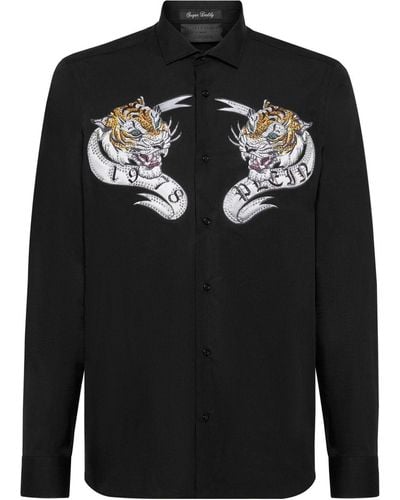 Philipp Plein Kristallverziertes Hemd mit Tiger-Print - Schwarz