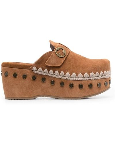 Mou High-heel Leather Clogs - Brown