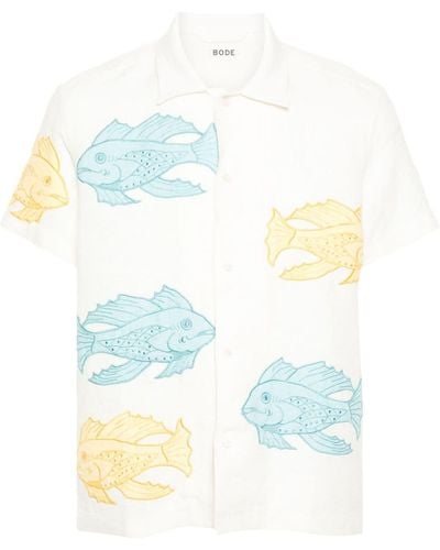Bode Fish-patch Linen Shirt - Blue