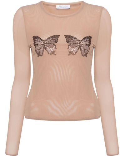 Blumarine Butterfly-embellished Mesh Top - Pink
