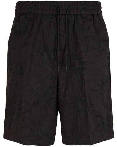 Emporio Armani Embroidered Cotton Track Shorts - Black